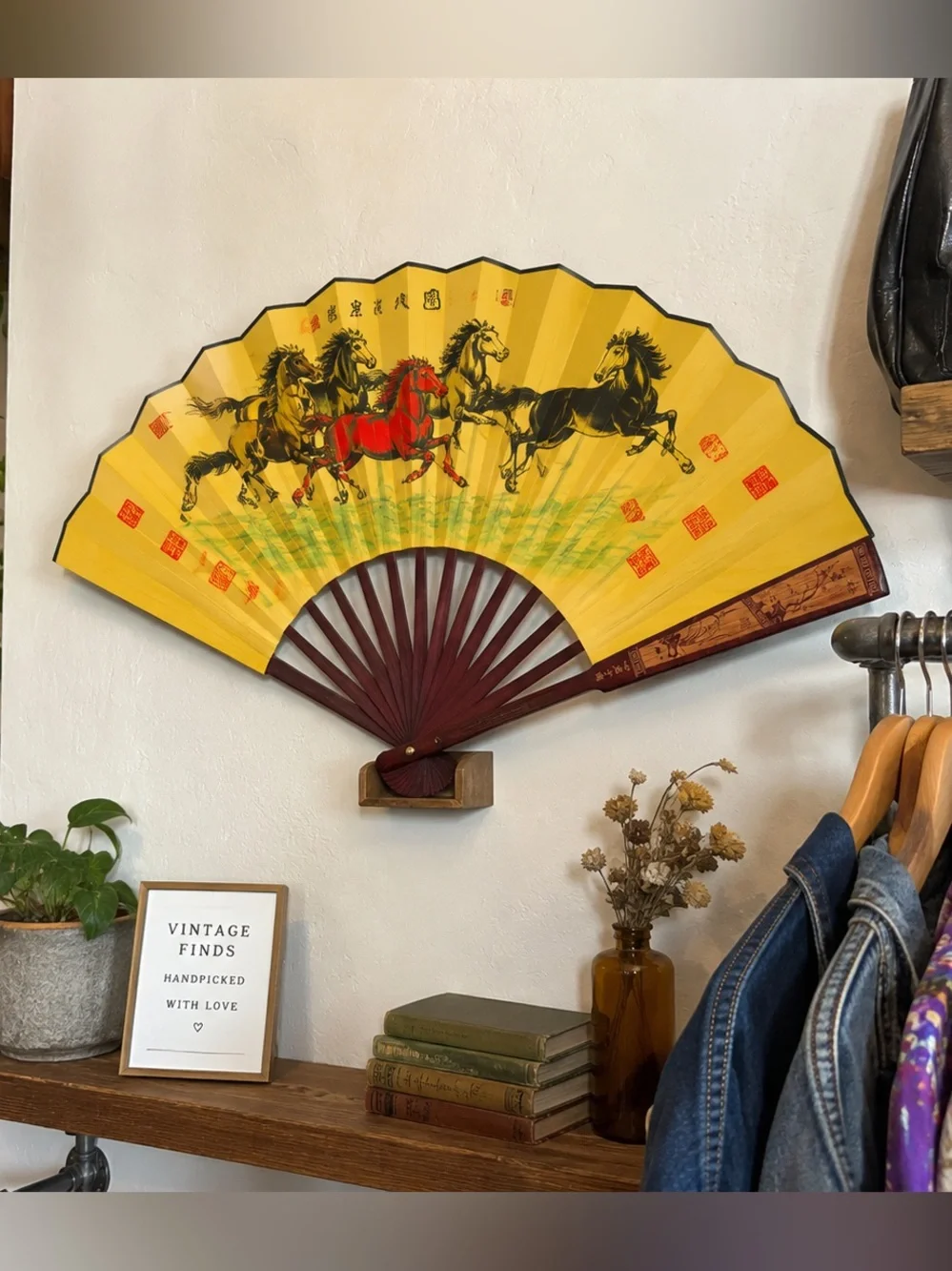 Vintage Chinese 8 Running Horses silk folding fan